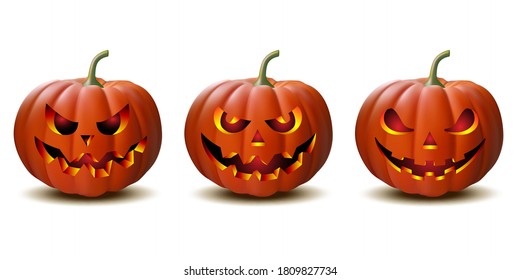 Scary Jack O Lantern halloween pumpkin with candle light inside, set of Halloween pumpkins in vector with different faces for icons and decorationsisolated on white background. Vector illustration.