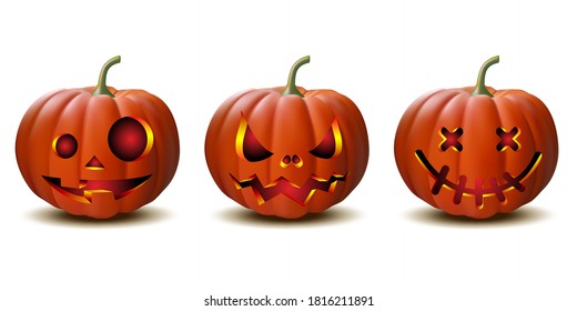 Scary Jack O Lantern halloween pumpkin with candle light inside, set of Halloween pumpkins in vector with different faces for icons and decorationsisolated on white background. Vector illustration.