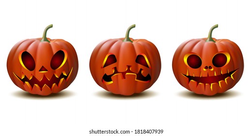 Scary Jack O Lantern halloween pumpkin with candle light inside, set of Halloween pumpkins in vector with different faces for icons and decorationsisolated on white background. Vector illustration.