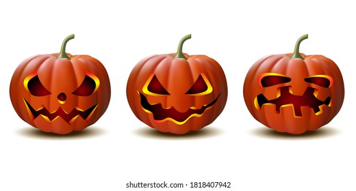 Scary Jack O Lantern halloween pumpkin with candle light inside, set of Halloween pumpkins in vector with different faces for icons and decorationsisolated on white background. Vector illustration.