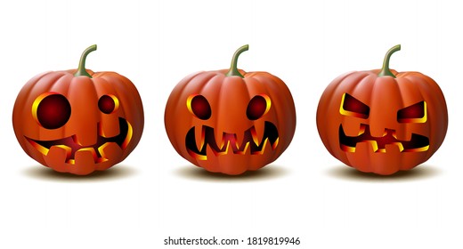 Scary Jack O Lantern halloween pumpkin with candle light inside, set of Halloween pumpkins in vector with different faces for icons and decorationsisolated on white background. Vector illustration.