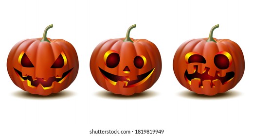 Scary Jack O Lantern halloween pumpkin with candle light inside, set of Halloween pumpkins in vector with different faces for icons and decorationsisolated on white background. Vector illustration.