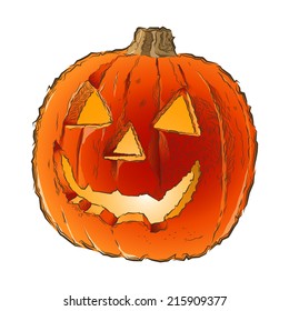 Scary Jack O Lantern halloween pumpkin with candle light inside isolated on a white background. Line art. Retro design. Vector illustration.
