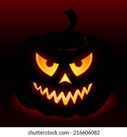 Scary Jack O Lantern halloween pumpkin with candle light. Vector illustration. 