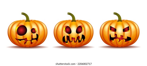 Scary Jack O Lantern halloween pumpkin with candle light inside, set of Halloween pumpkins in vector with different faces for icons and decorationsisolated on white background. Vector illustration.