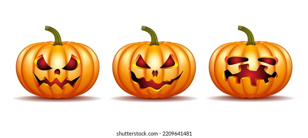 Scary Jack O Lantern halloween pumpkin with candle light inside, set of Halloween pumpkins in vector with different faces for icons and decorationsisolated on white background. Vector illustration.