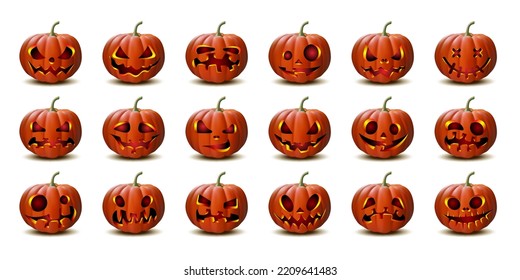 Scary Jack O Lantern halloween pumpkin with candle light inside, set of Halloween pumpkins in vector with different faces for icons and decorationsisolated on white background. Vector illustration.