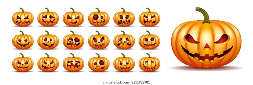 Scary Jack O Lantern halloween pumpkin with candle light inside, set of Halloween pumpkins in vector with different faces for icons and decorationsisolated on white background. Vector illustration.