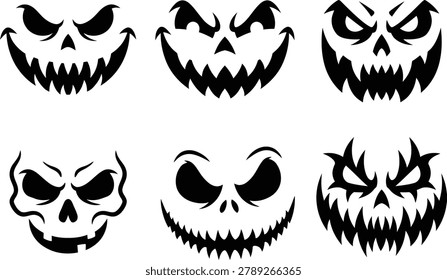 Scary jack o lantern halloween spooky glowing faces, evil creepy toothy grin, vector illustration.
