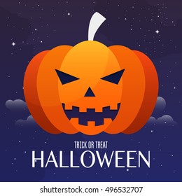 Scary Jack O Lantern halloween pumpkin on night background. Happy Halloween. Vector illustration.