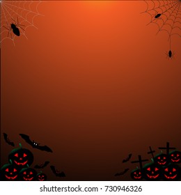 Scary Jack O lantern halloween pumpkin, bat, spider on web with Happy Halloween wording.