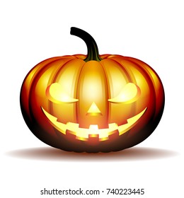 Scary Jack O Lantern halloween pumpkin with candle light inside, vector illustration