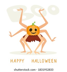 Gruselige Jack O Lantern mit vielen Händen. Monster mit Kürbis Kopf für Halloween einzeln auf weißem Hintergrund. Illustrationen können für die Gestaltung von Kinderferien, Karten, Einladungen und Banner verwendet werden