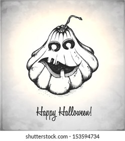 Scary Jack O Lantern. Pumpkin in a sketch style. Hand-drawn card for Halloween. Vector illustration.