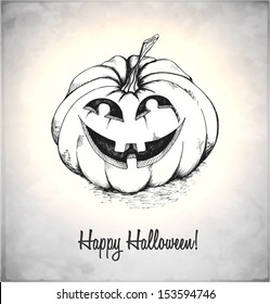 Scary Jack O Lantern. Pumpkin in a sketch style. Hand-drawn card for Halloween. Vector illustration.