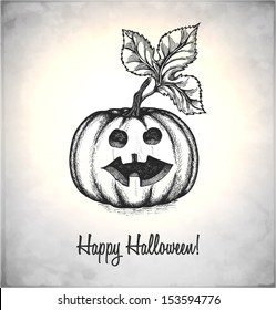 Scary Jack O Lantern. Pumpkin in a sketch style. Hand-drawn card for Halloween. Vector illustration.