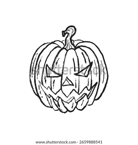 Scary Jack o'lantern Halloween design in black brush stroke texture isolated on white. Hand drawn vector sketch illustration in vintage charcoal ink. Halloween greeting card, invitation, symbol