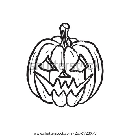 Scary Jack o'lantern Halloween design in black brush stroke texture isolated on white. Hand drawn vector sketch illustration in vintage charcoal ink. Halloween greeting card, invitation, symbol
