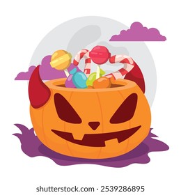 Scary jack-o -lantern pumpkin with devil horns filled with Halloween candy, Vector illustration