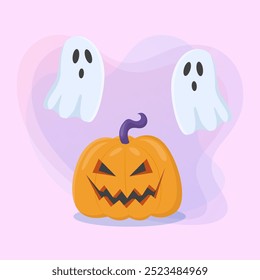 Gruselige Jack-o-Laterne und Geister auf abstraktem Hintergrund. Halloween Banner Design. Feiern, Urlaub, Partykonzept. Vektorgrafik für Einladung oder Poster