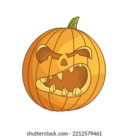 Scary Jack-o-lantern pumpkin head screams. Traditional character for Halloween. Simple design element for greeting cards, posters, stickers, banners and holiday decor. Cute cartoon flat illustration.