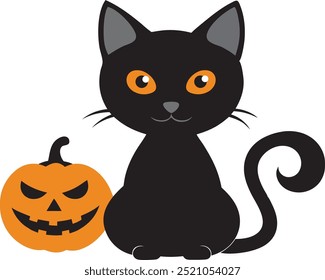 Scary jack-o'-lanterns and A black cat with big eyes for Halloween