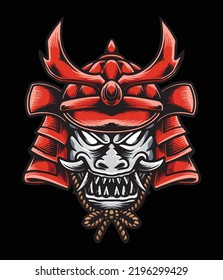 Scary Japanese oni mask logo illustration