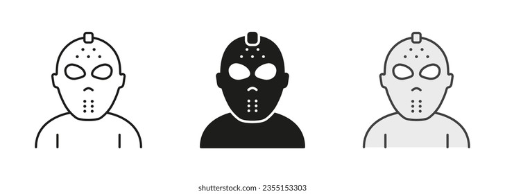 Scary Jason Mask for Halloween Party Line and Silhouette Icon Set. Jason Mask Symbol of 13th Friday Collection. Dark Hockey Helmet for Goalie Safety Pictogram. Isolated Vector Illustration.