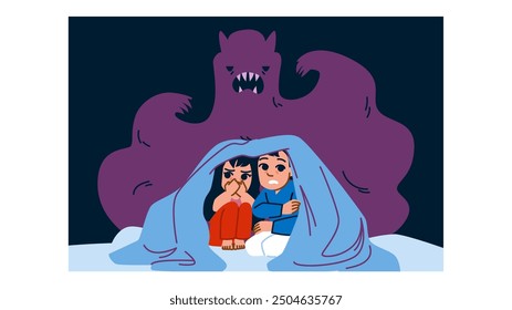 scary kid fear bed vector. child children, ghost sleep, dark blanket scary kid fear bed character. people flat cartoon illustration