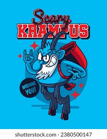 Scary Krampus wishing you. Christmas Cartoon Character Illustration.
