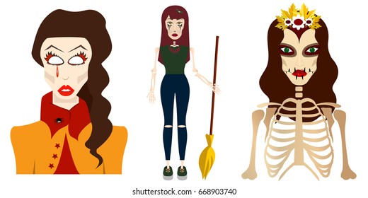 Scary ladies vector set. Halloween girls Illustration.