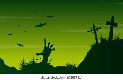 Scary landscape graveyard on Halloween