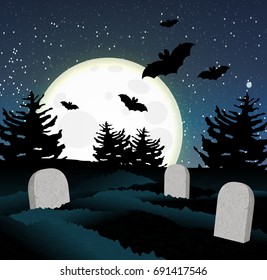 Scary landscape. Starry sky, a huge full moon, silhouettes of spruce and bats. Cemetery with graves and tombstones. Vector illustration for All Saints Day. Halloween. Landscape