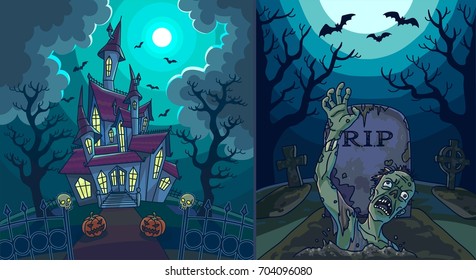 Scary landscapes with old house and zombie at cemetry