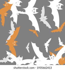 Scary Light Motion Retro Modern Style Background. Funny White Attack Spooky Halloween Modern Design. Black Grey Orange Chaos Flying Bats Art Pattern. Creepy Print Silver Bats Vector Background.