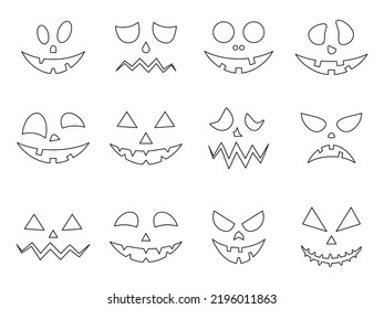 Caras tenebrosas de las calabazas de Halloween. Horror fantasma de la colección lineal de caras. Vector aislado en blanco