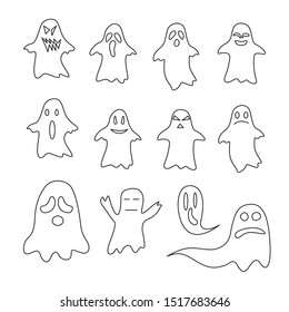 Scary line ghost and black ghosts design on white background - Halloween celebration - vector