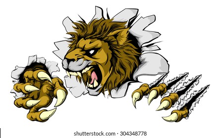 A scary lion mascot ripping through the background with sharp claws