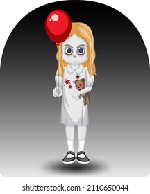 Scary little ghost girl holding red balloon illustration