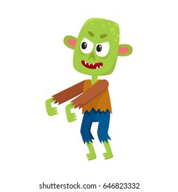 Scary little green zombie monster in rags, Halloween costume, cartoon vector illustration isolated on a white background. Monster, zombie, walking dead with arms stretched forward