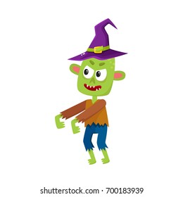 Scary little green zombie monster in pointed witch hat, Halloween costume, cartoon vector illustration isolated on a white background. Monster, zombie in witch hat with arms stretched forward