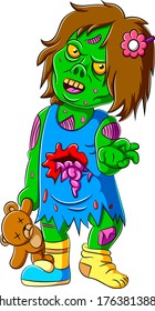 Scary little zombie girl holding teddy bear of illustration