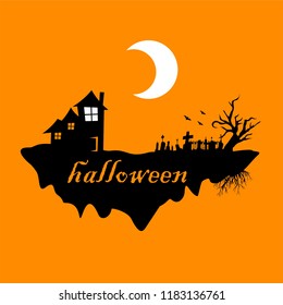 Scary lonely house on floating ground under the moonlight with couples of old gravestone and tree. Vector illustration of Halloween background