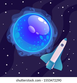 Scary looking planet with blue fog on its surface, blue and white rocket near it