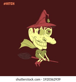 Scary looking witch who is sitting on her broom.