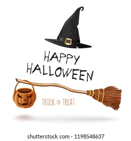 Scary and magic Halloween design with witches broom and hat. Happy halloween and trick or treat lettering for banner, poster and greeting card. Vector illustration