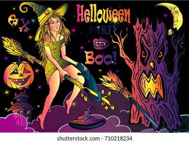 Scary magic Halloween night with witch on a broomstick, pumpkin, moon, hat, cat, evil dead tree branches. Clouds and stars background.Vector EPS 10.