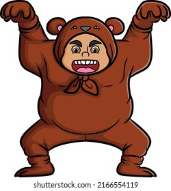 The scary man with a bear costume is posing to scary its prey of illustration