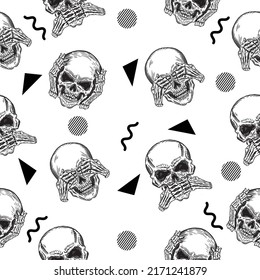 scary man head skull seamless pattern black object wallpaper on white background.