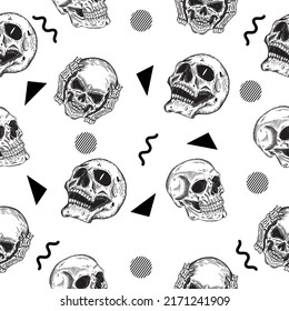 scary man head skull seamless pattern black object wallpaper on white background.